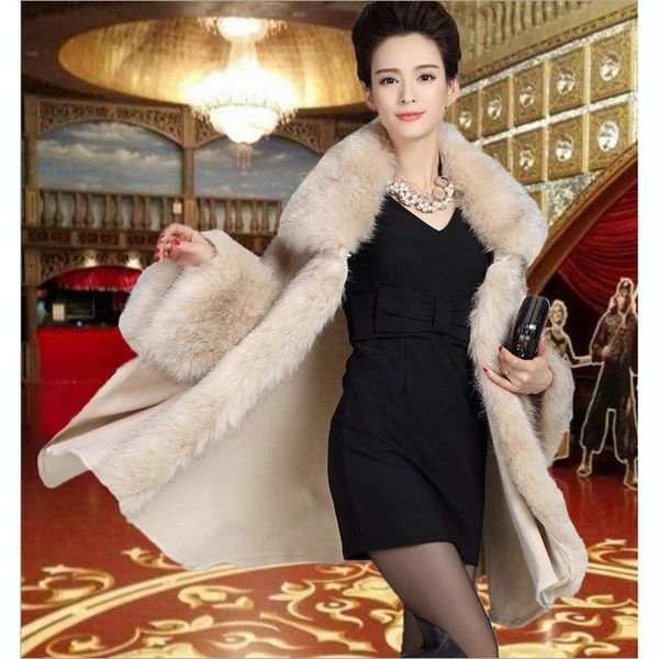 

luxury lapel faux fur coat shawl cape knitwear long fashion lady furwear cardigan overcoat fall winter party dress cloak1, Black