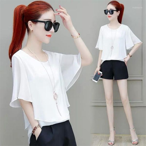 

women chiffon o-neck solid blouse summer casual half flare sleeve office lady loose bluses plus size shirts -8xl 10 color1, White