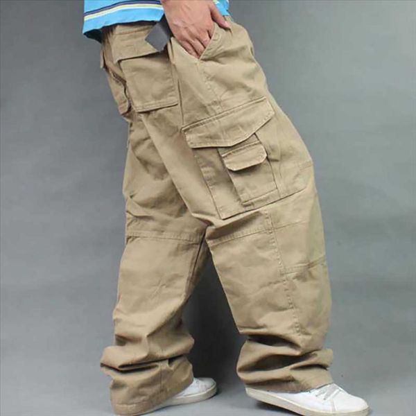 

plus size loose baggy cargo pants men casual outdoor cotton pants with big pocket straight wide leg trousers male clothes, Black