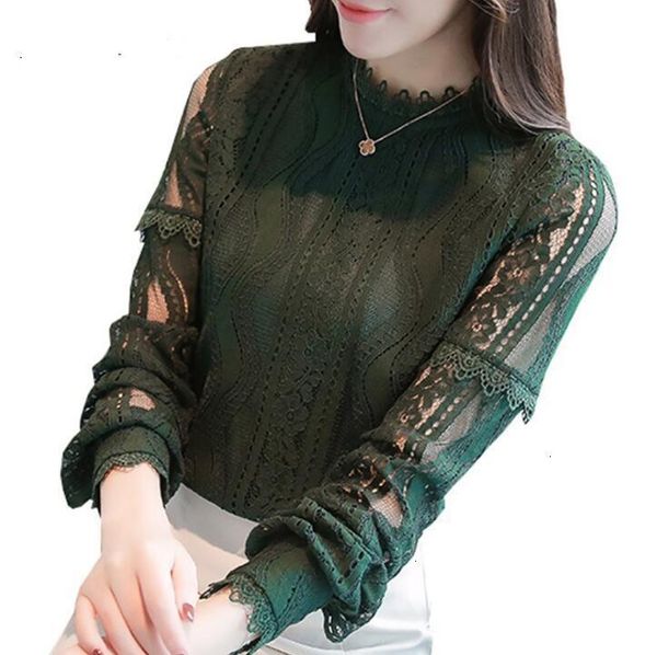 

3xl plus size spring new women long sleeve hollow out lace shirts blouses casual shirts green blouse blusas femininas, White