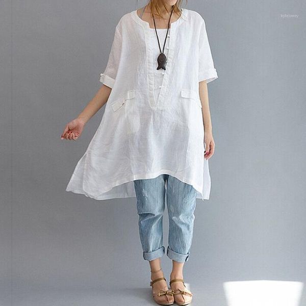 

2020 long women blouse cotton linen short sleeve asymmetric loose oversized women shirt pockets tunic plus size white l-6xl1