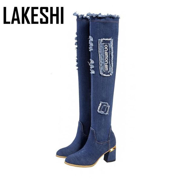 

boots denim womens over the knee pointed toe thick high heels shoes woman casual tassel jeans thigh botas mujer, Black