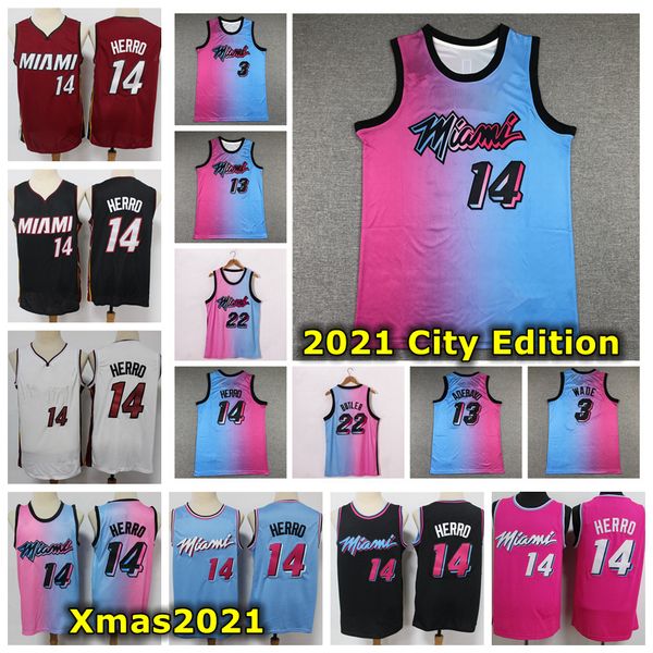 

2021 mens 14 tyler herro swingman basketball jerseys shorts city miamih edition stitched jimmy 22 butler dwyane 3 wade 13 bam adebayo jersey, Black;red