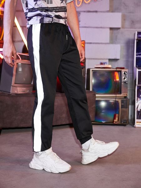 

men contrast reflective panel side pants r38v#, Black