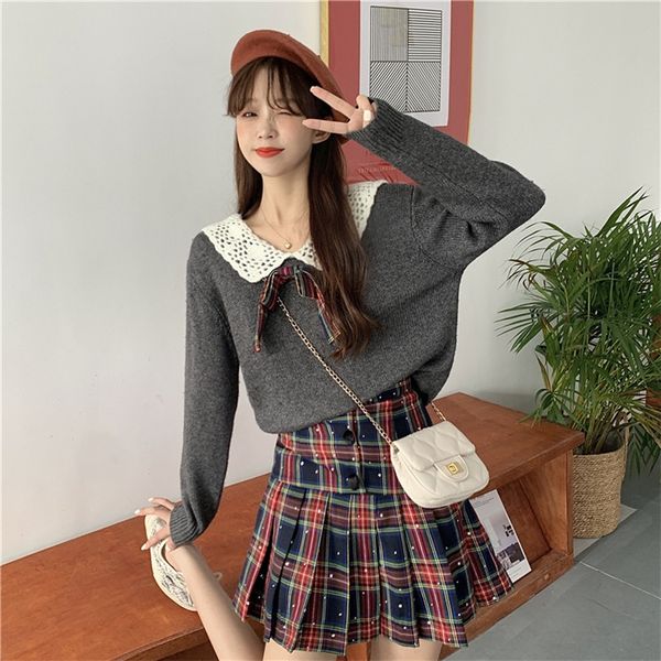 

with enjun] a1662 new fashion baby collar doll skirt knitted sweater plaid + high waist pleated plaid skirt for women zeflg, Gray