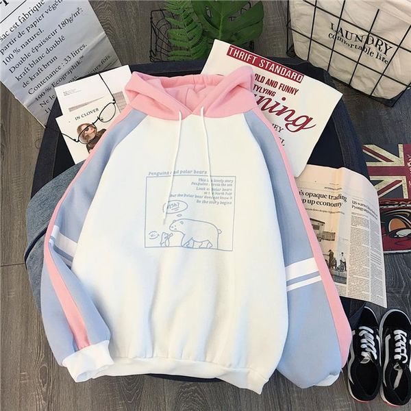 

cute print hoodie women sweatshirt autumu streetwear long sleeve hoodies pullover girls oversize sweatshirt color patchwork, Black