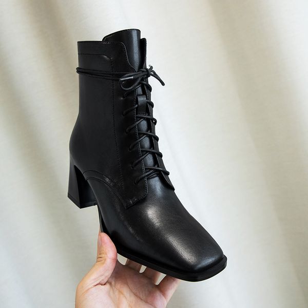 

2021 new heel autumn winter ankle lace up zipper square toe women shoes quality cow leather short boots size34-39 iczq, Black