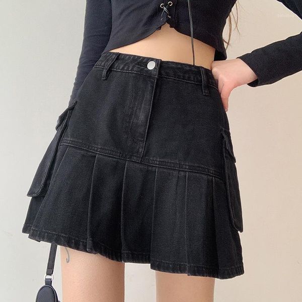 

women jeans skirts punk y2k denim mini pleated skirt high waist jeans shorts skirts summer skirt1, Black