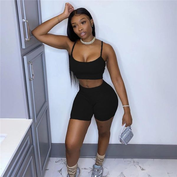 

2 pieces set women sleeveless strap bra bustiers tank vest crop high waist shorts pants trousers tracksuit summer 2020, Gray