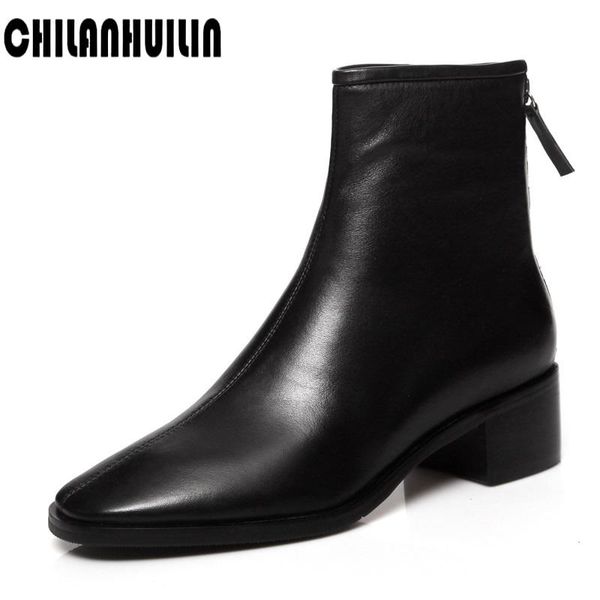

women autumn shoes simple genuine leather low thick heels zipper square toe new fashion black ankle boots for women