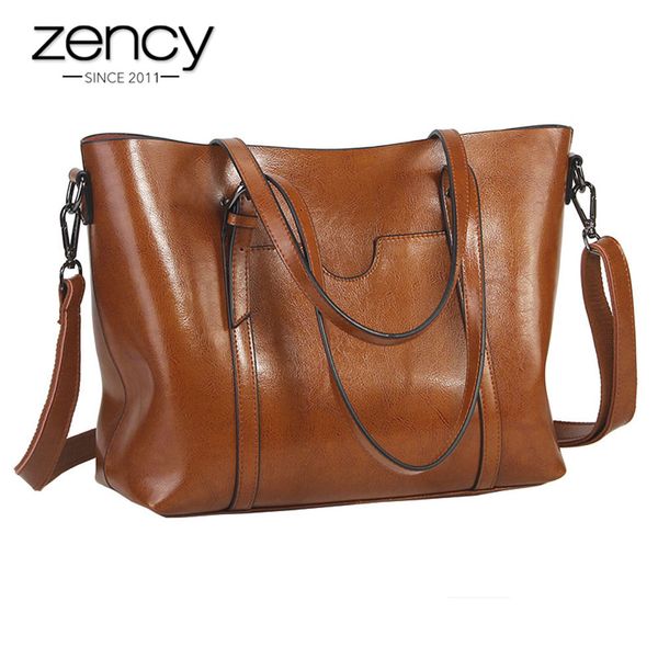 

zency elegant women shoulder bag 100% genuine leather handbag fashion brown female crossbody messenger purse large tote bags