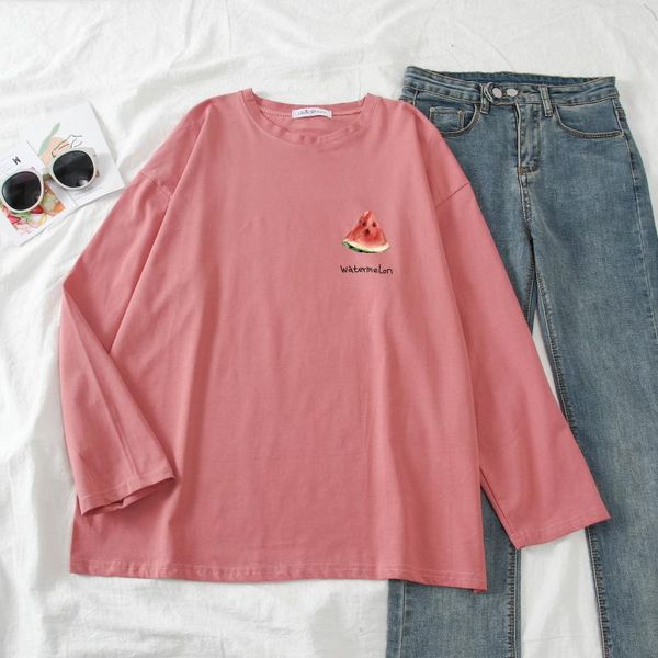 

women's t-shirt cotton casual round neck long sleeve college style fruit simple print, White