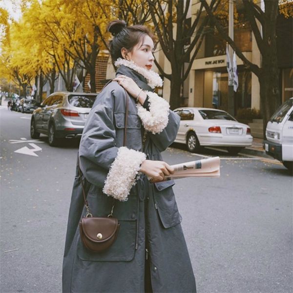 

women winter stand collar lamb wool liner thicken long parka slim waist jacket full sleeve big pocket coat oversized overcoat 201201, Black