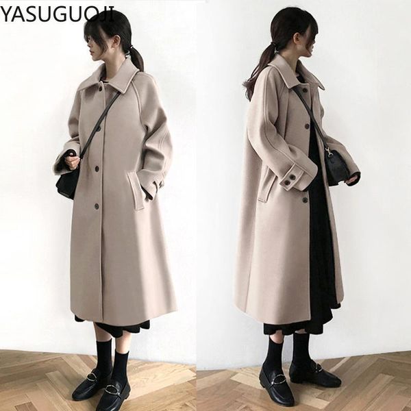 

yasuguoji 2020 new korean style woolen coat women's mid-length winter slim-looking woolen coat women vintage hepburn style solid1, Black