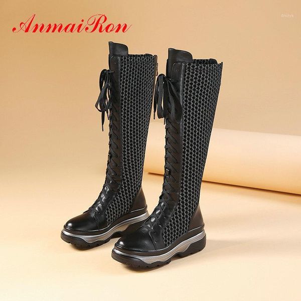 

anmairon 2020 round toe knee-high winter boots women fashion genuine leather motorcycle boots lace-up shoes woman size 34-391, Black