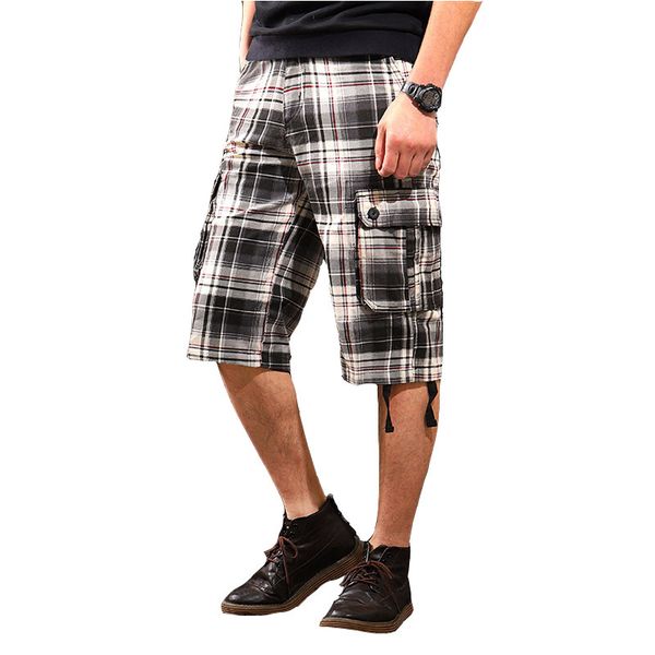 

summer multi pocket check capris straight loose casual men's youth beach pants, White;black