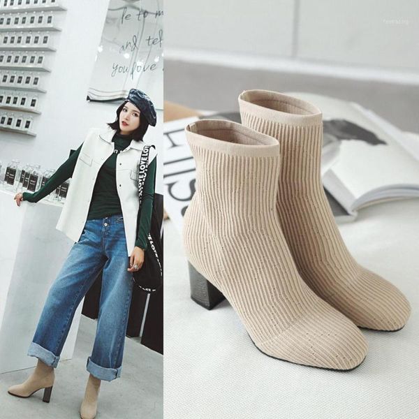 

2019 spring fashion women boots beige pointed toe yarn elastic ankle boots thick heels shoes autumn winter female socks1, Black