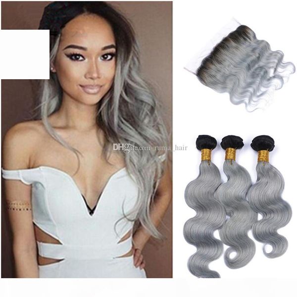 

sliver grey body wave lace frontal with bundles dark roots grey human hair with frontal closure virgin hair lace frontal with baby hair, Black;brown