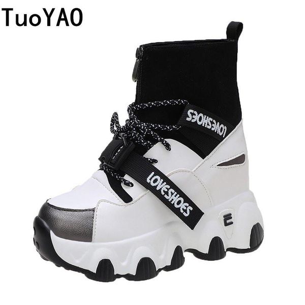 

autumn women leather sneakers boots wedges 9cm high heel platform shoes woman classic zipper casual gladiator chunky ankle boots, Black