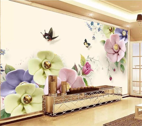 Wandbild Benutzerdefinierte Tapete Papel de Parede 3D-Fotowandmalereien blassweißer Schmetterling Blumen Schmuck Wohnzimmer Hintergrund Wandpapier1
