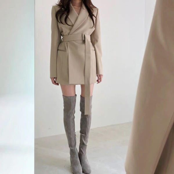 

blazers с sash khaki черный сплошной карман с длинным рукавом notch воротник весна осень шики элегантный для женщин, White;black