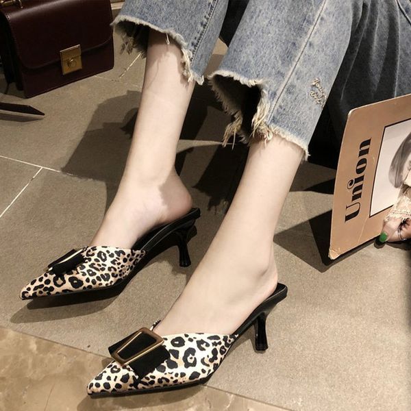 

2021 new women high heels sandals pointed toe leopard ladies fashion slippers pu women's casual shoes slides footwear pumps gk4o, Black