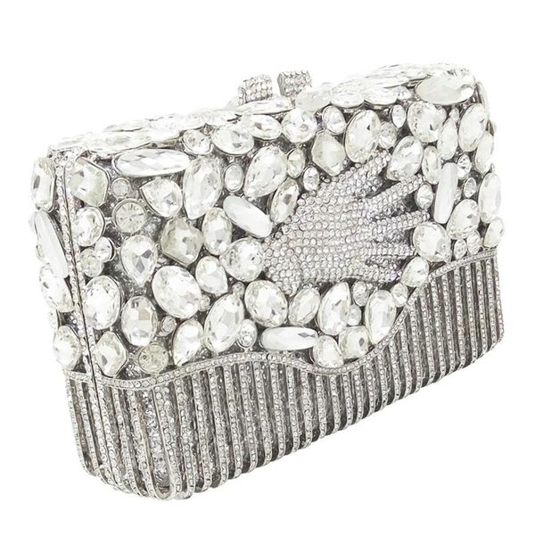 

2020 new arrival white gemstone bridal wedding clutch bag silver metal women evening dinner banquet chain purse and handbags