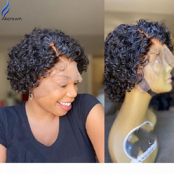 

alicrown short bob lace front human hair wigs for women brazilian 180% density curly short pixie cut wig non-remy middle ration, Black