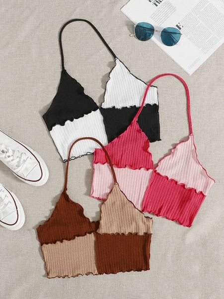 

3pcs patchwork lettuce trim halter crop 72ej#, White