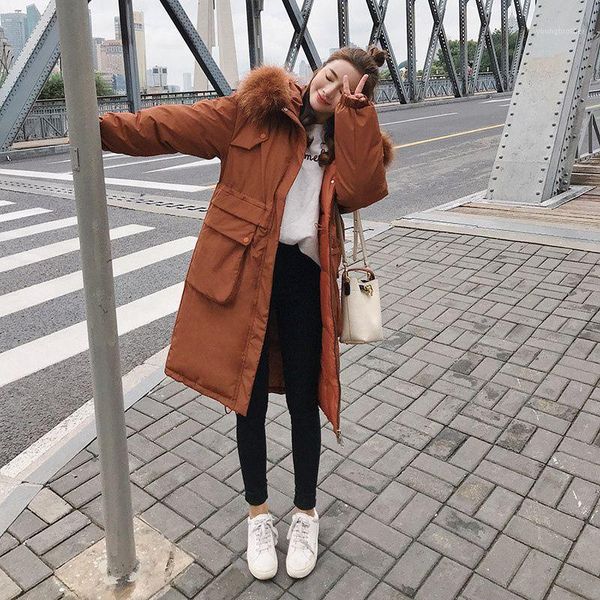 

women's trench coats women winter long cotton jacket fashion hooded fur collar thickening warm down coat casual loose female overcoat n, Tan;black