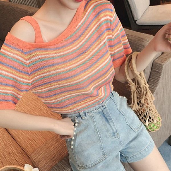 

net red ins super fire base coat women spring t-shirt t-shirt and autumn short sleeve women's summer new versatile ice silk knitting em, White;black