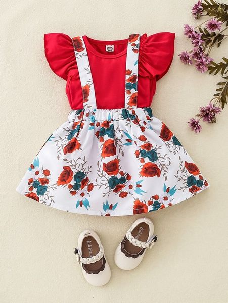 

baby ruffle trim bodysuit & floral print suspender skirt she01, White