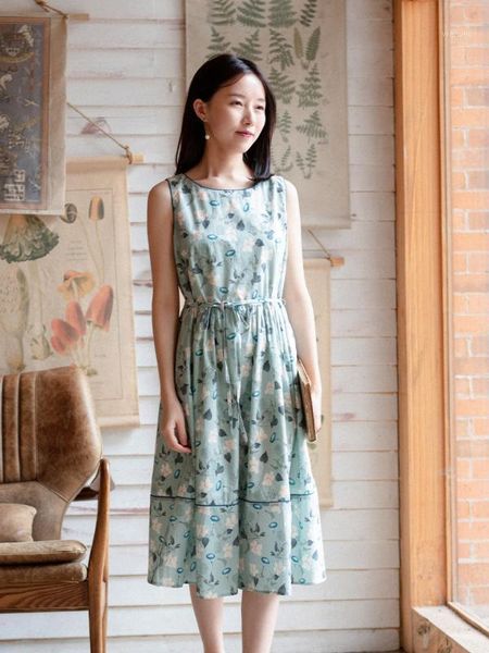 

cynthia 2020 new spring women dress female summer sleeveless o-neck slim-fit floral-printed pleated waisted bow-tie cotton dress1, Black;gray