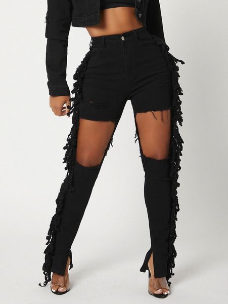 

sxy distressed detail cut out jeans t5gs#, Blue