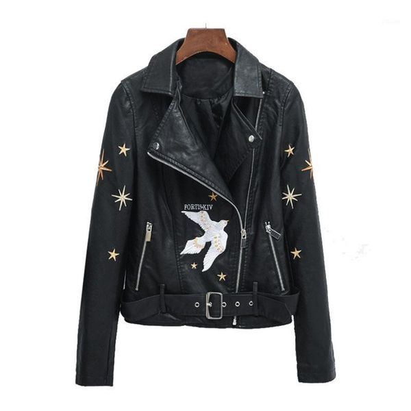

new embroidered ladies spring and autumn belt pu leather jacket motorcycle slim personality leather jackets1, Black