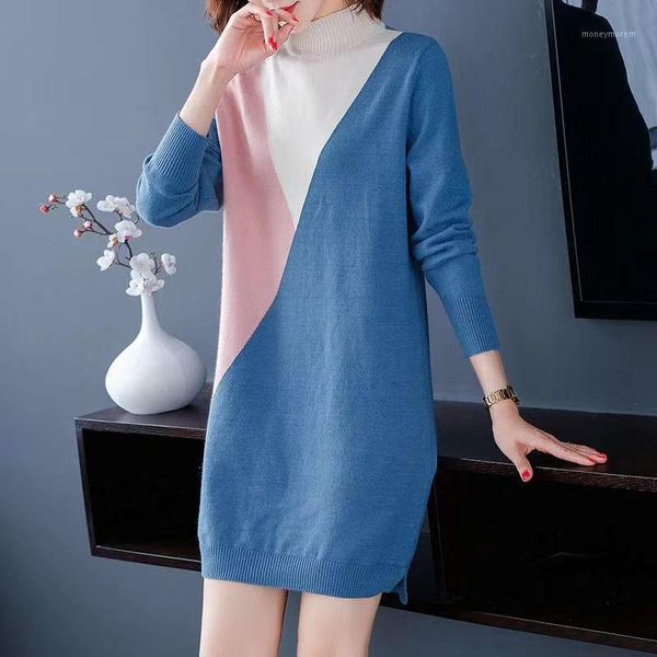 

women's sweaters 2021 long knitted female pullovers winter warm sleeve hit-color women pull jumper ladies knitting sweater1, White;black
