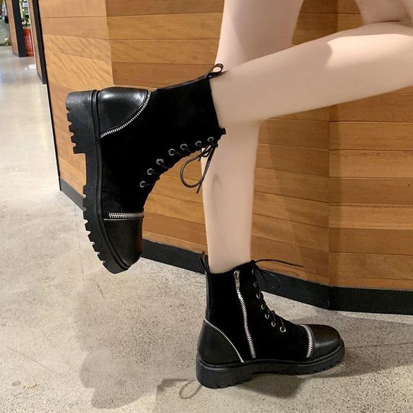 

autumn winter short boots women casual flat shoes zipper lazy walking ankle lace up plush femmes bottes, Black
