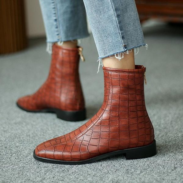 

zapatos de mujer 2020 women boots genuine leather ankle boots square toe fashion warm winter short big 46 shoes q8838, Black