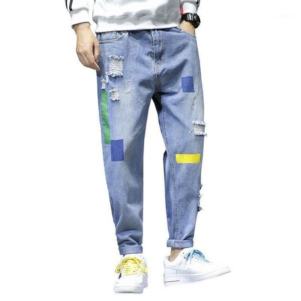 

75% cotton new fashion mens jeans tide brand printing mens jeans casual trend large size -5xl loose hole men1, Blue