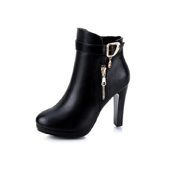 

2020 winter new ladies fashion booties wild plus velvet belt buckle side zipper round head high heel thick with women's boots, Black