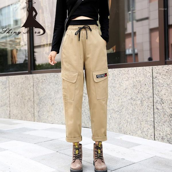 

women's pants & capris shinymora high waist straight harem women fashion loose multi pockets elastic bf sports casual ladies1, Black;white