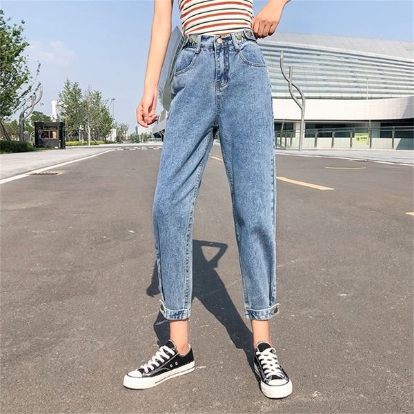

large size girl loose fashion high waist button jeans autumn casual ladies beam harem pants jeans 5xl for women 201223, Blue