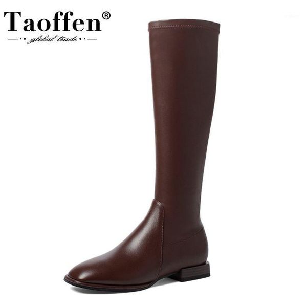 

taoffen real leather shoes knee high boots square toe zipper ridding boots cool shoes solid footwear size 34-401, Black