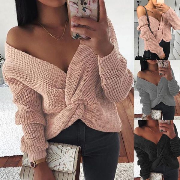 

pullovers ladies sweater casual pullover sweater women knot criss-cross v neck long sleeve-jumper loose knitted pullove, White;black