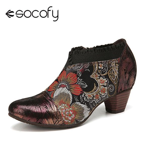 

boots socofy ankle boot vintage leather flowers embroidery splicing side zipper chunky heel pump classical elegance women's shoes 2021, Black