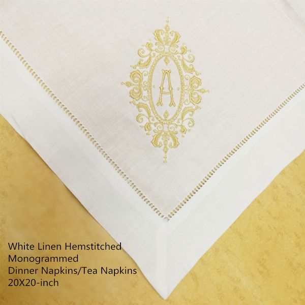 

set of 12 excellent monogrammed dinner napkins white hemstitch linen table napkins 20x20" ladder embroidered initial tea napkin 201028, Blue;white