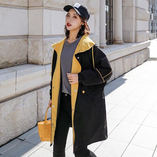 

women's jackets fashion single-breasted panelled medium windbreaker women casual big size hoodded letters jacket long coat for student, Black;brown