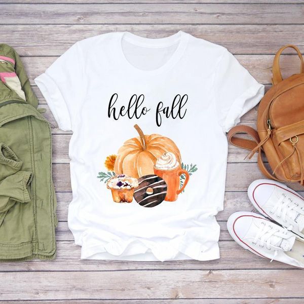 

women pumpkin coffee cartoon thanksgiving halloween print lady t-shirts womens graphic t shirt ladies female tee t-shirt, White