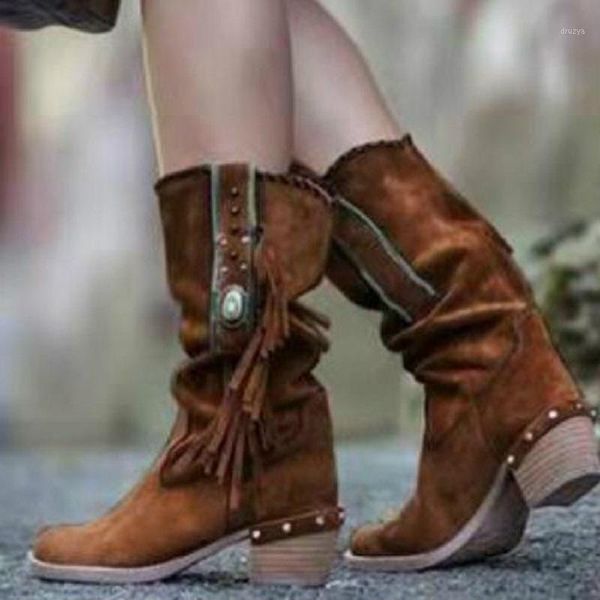 

high heels women boots autumn winter platform vintage ladies shoes fringe mid calf boots western punk female big size1, Black
