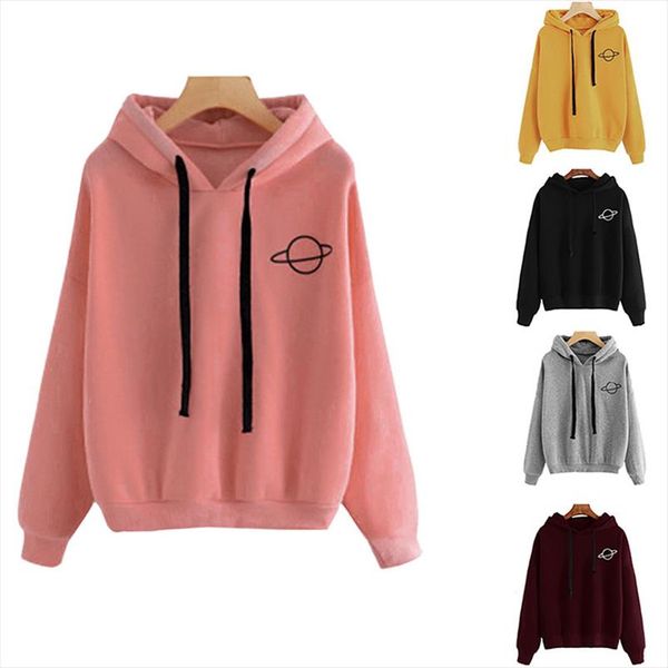 

2020 women hoodies sweatshirts casual pullovers planet print solid loose drawstring long sleeve sweatshirt autumn female, Black